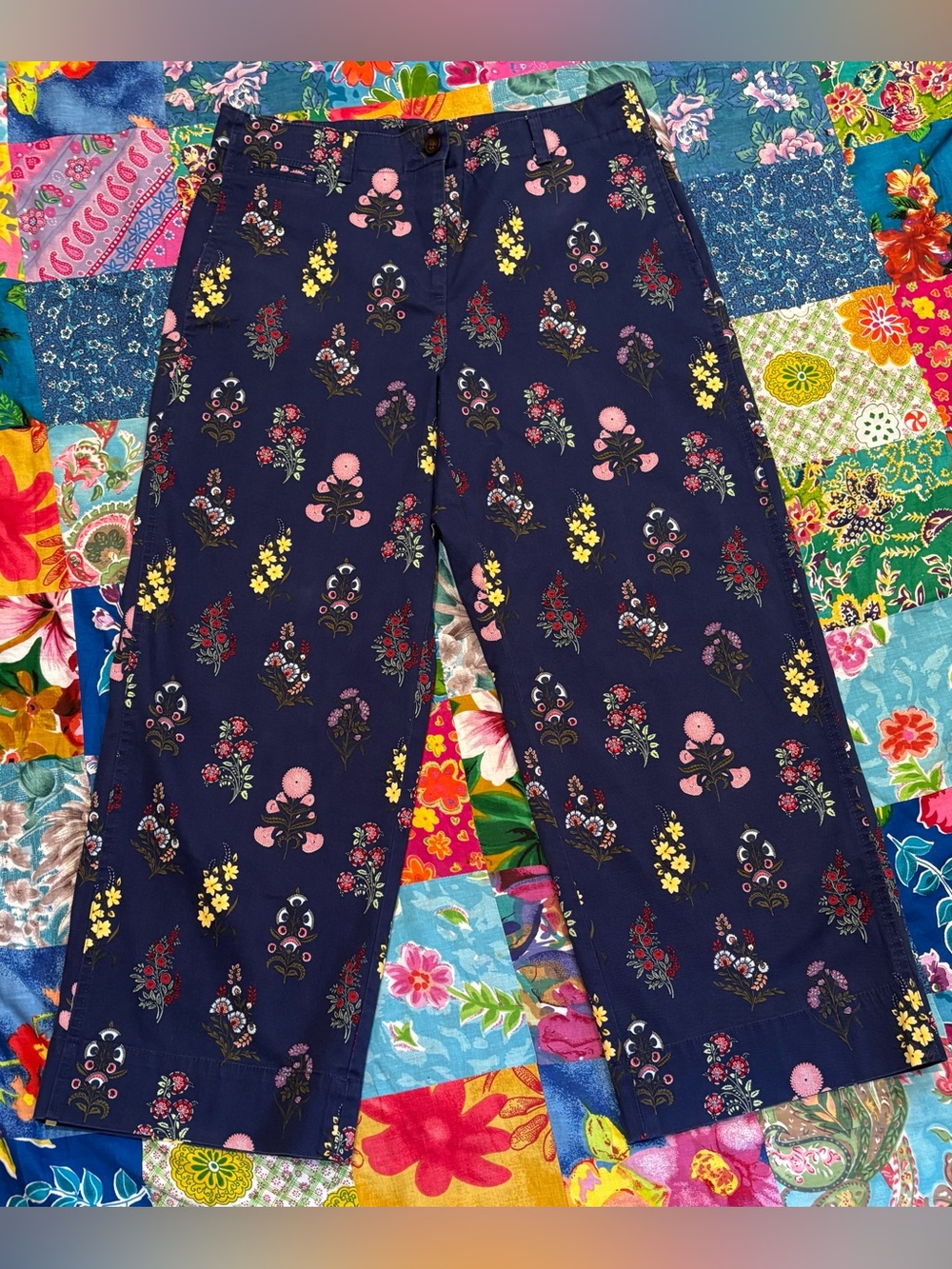 TALBOTS floral botanical print WIDE LEG PANTS size 12p navy pink CROP ankle